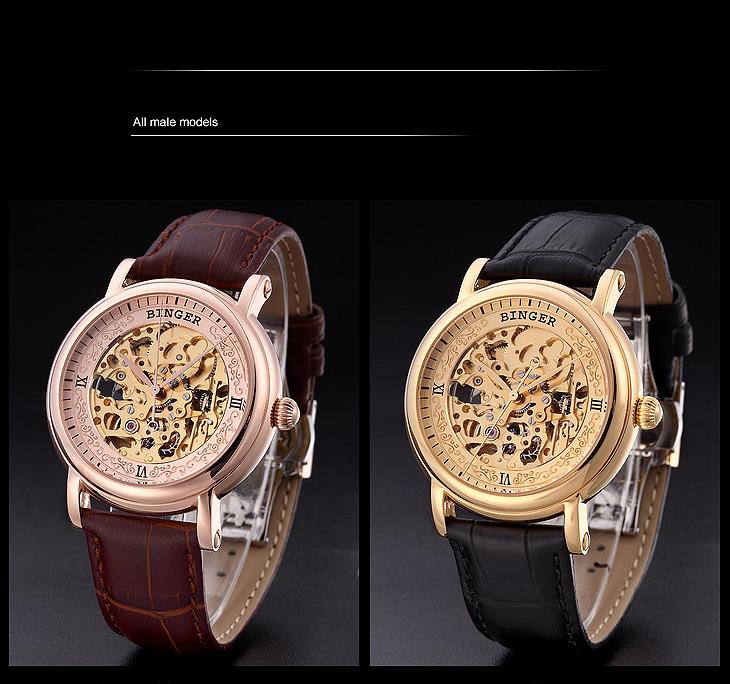 BINGER B-8607M Orologio Meccanico Uomo Scheletro: Cassa Acciaio 41mm, Impermeabile, Fasi Lunari - 3